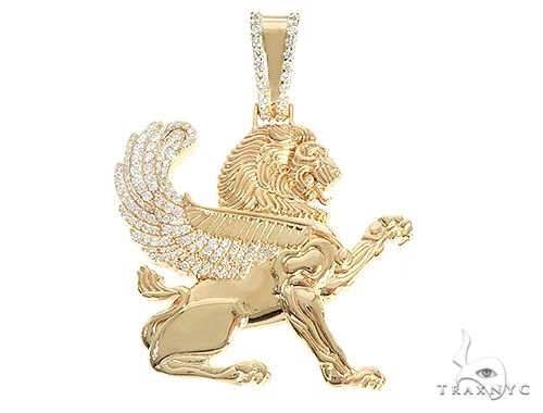 14K yellow gold custom lion pendant with diamond-set face, front view