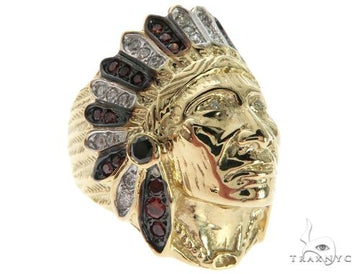 14k yellow gold Indian Head ring with round cut diamonds in prong-bezel setting, front view