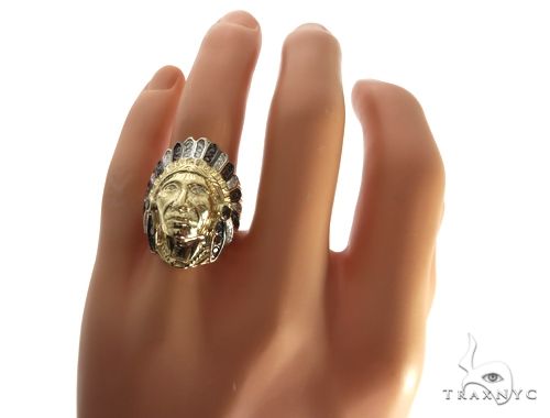14K Yellow Gold Prong Bezel Diamond Indian Head Ring 63858 - Image 9