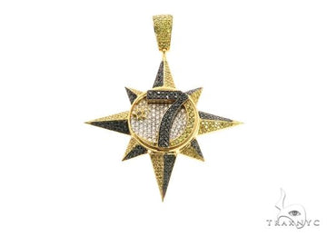 Yellow gold diamond-studded star pendant with a circular emblem and black diamond accents.