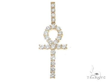 14K yellow gold ankh cross pendant with prong-set sparkling diamonds, men's jewelry.