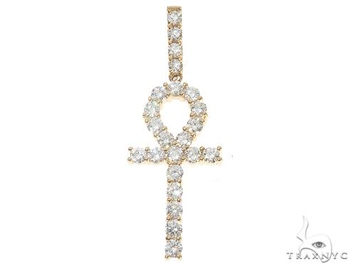 14K yellow gold ankh cross pendant with prong-set sparkling diamonds, men's jewelry