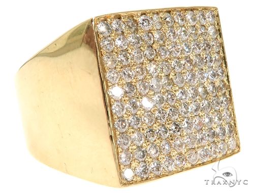 Mens 14K yellow gold diamond square ring – geometric top profile with diamond accents, front view