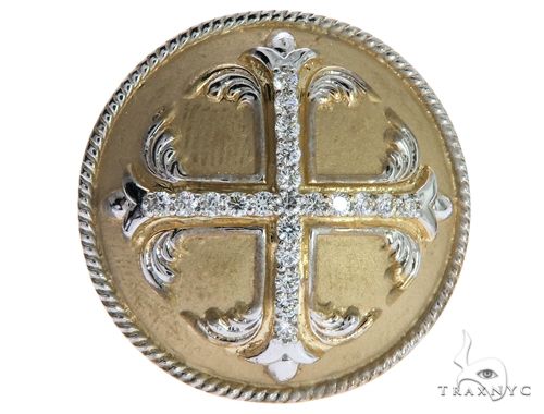 14K yellow gold ring with prong-set diamond cross and engraved medieval design