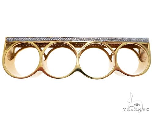 14K yellow gold four-finger ring with prong-set diamonds in hip hop style