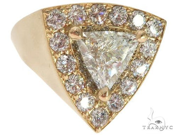 Mens 14k yellow gold prong-set trillion cut diamond ring – angled top view showing angular faceted stones