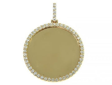 14K yellow gold round pendant with diamond border and diamond-studded bail, plain center.