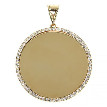 14K yellow gold round photo pendant with diamond halo frame and polished center.