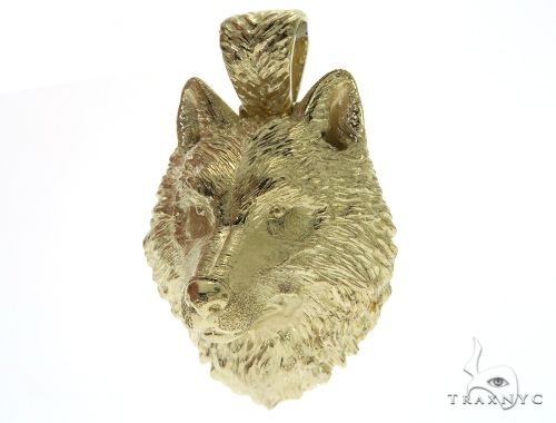 14K Yellow Gold Wolf Head Charm Pendant 62497 - Image 4