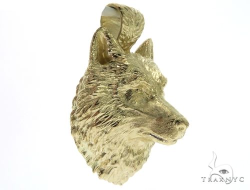 14K Yellow Gold Wolf Head Charm Pendant 62497 - Image 6
