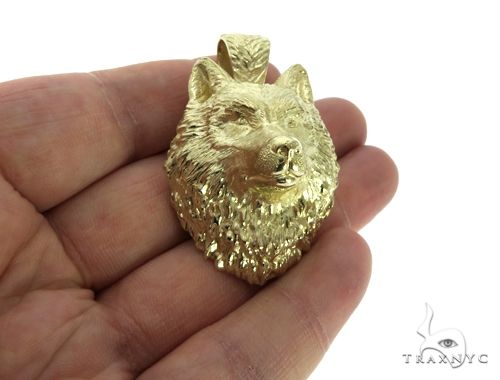 14K Yellow Gold Wolf Head Charm Pendant 62497 - Image 9