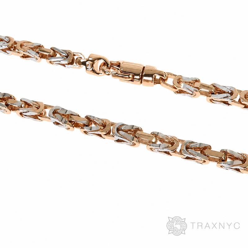 30-inch 14K rose gold Byzantine chain with 3.8mm white diamond-cut links.