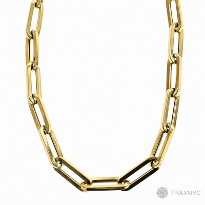 14k yellow gold hollow paperclip chain necklace, 6.5mm links, 22 inches long.