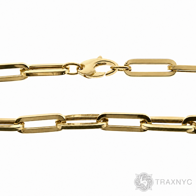 14k yellow gold hollow paperclip chain necklace, 6.5mm links, 22 inches long.