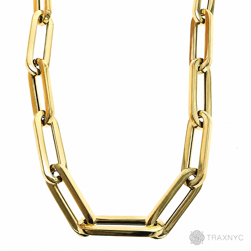 14k yellow gold hollow paperclip chain necklace with 6.5mm links, 22-inch length.