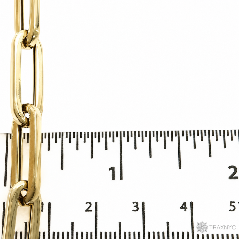 14k yellow gold hollow paperclip chain necklace with 6.5mm links, 22-inch length.