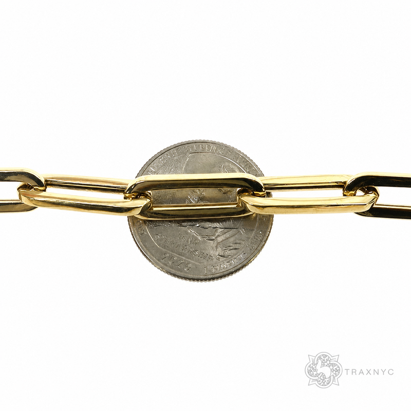 14k yellow gold hollow paperclip chain necklace with 6.5mm links, 22-inch length.