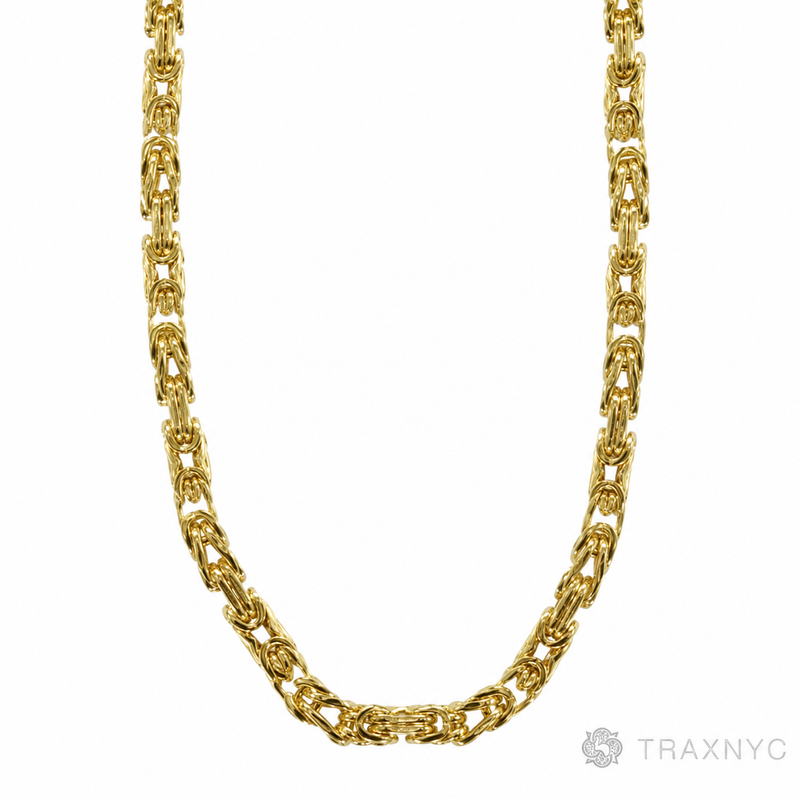 14k Yellow Gold 3mm solid Byzantine Link Chain, 24 inches long, polished finish.