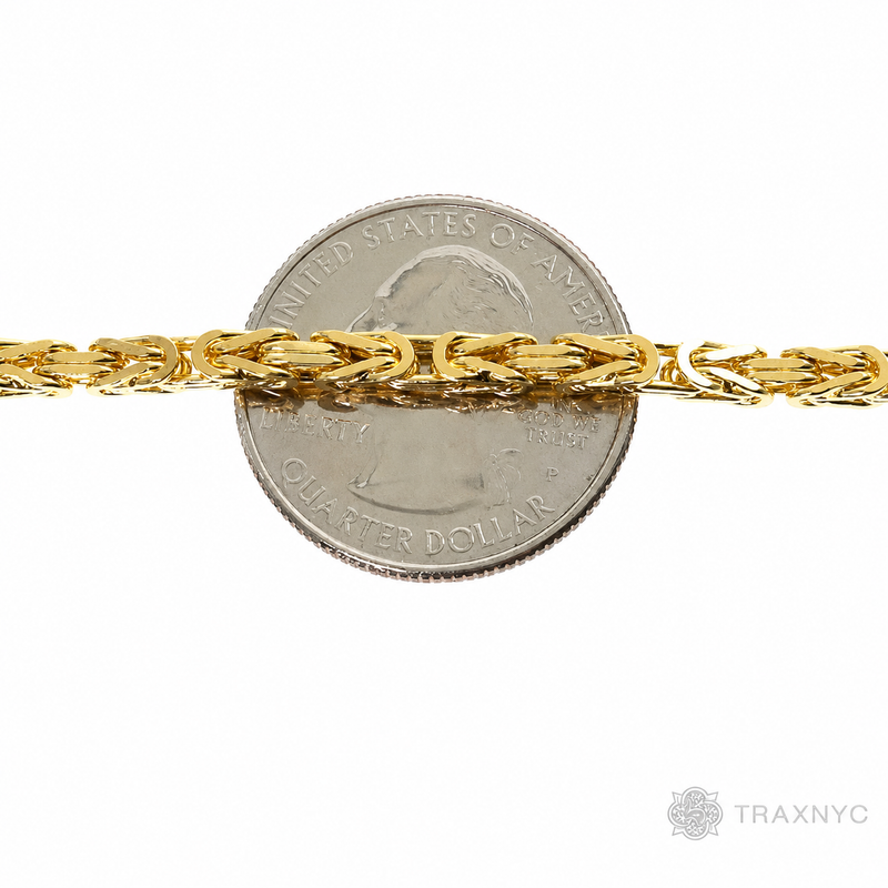 14k Yellow Gold 3mm solid Byzantine Link Chain, 24 inches long, polished finish.