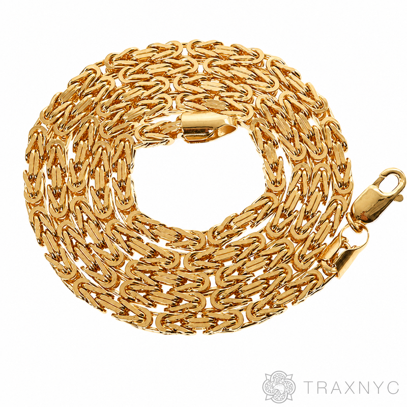 14k Yellow Gold 3mm solid Byzantine Link Chain, 24 inches long, polished finish.