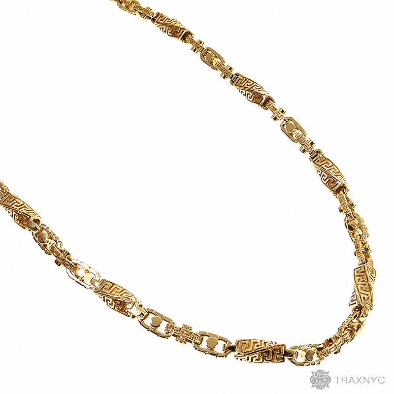 14K yellow gold Greek key link chain, 20 inches, 5.5mm men's style, assorted links.