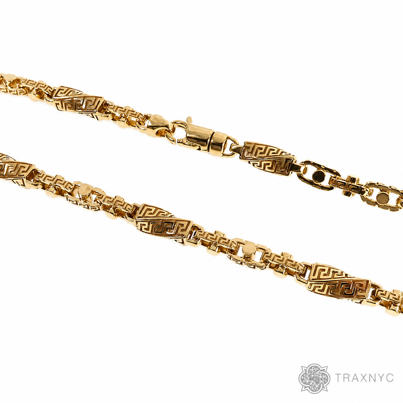 14K yellow gold Greek key link chain, 20 inches, 5.5mm men's style, assorted links.