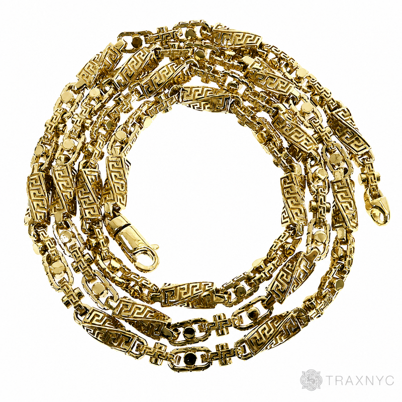 14K yellow gold Greek key link chain, 20 inches, 5.5mm men's style, assorted links.