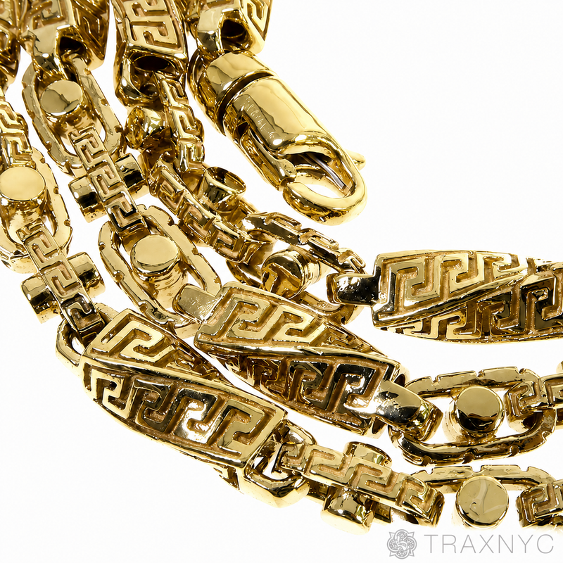 14K yellow gold Greek key link chain, 20 inches, 5.5mm men's style, assorted links.