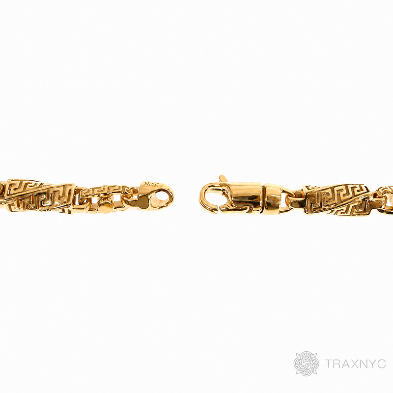 14K yellow gold Greek key link chain, 20 inches, 5.5mm men's style, assorted links.