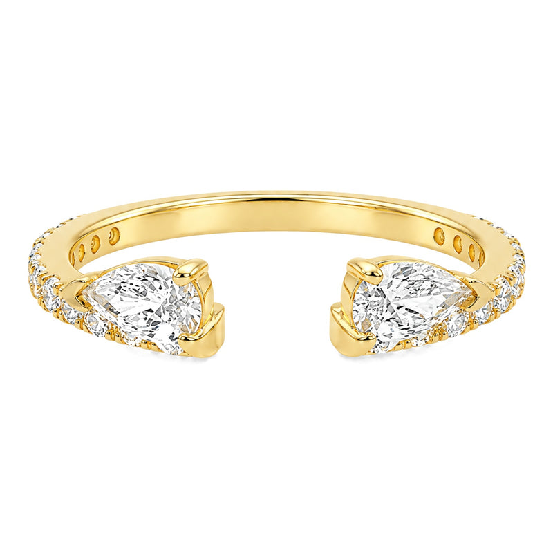 14K yellow gold Better Together open wedding band with two pear lab-grown diamonds and pavé band, front view