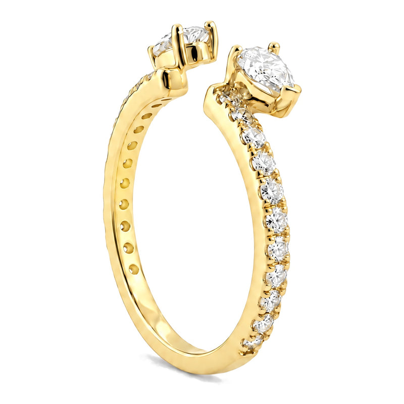 Better Together open wedding band standing upright, showing prong-set pears and pavé shank