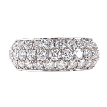 Men's 18k white gold iceberg ring with three rows of sparkling round diamonds.