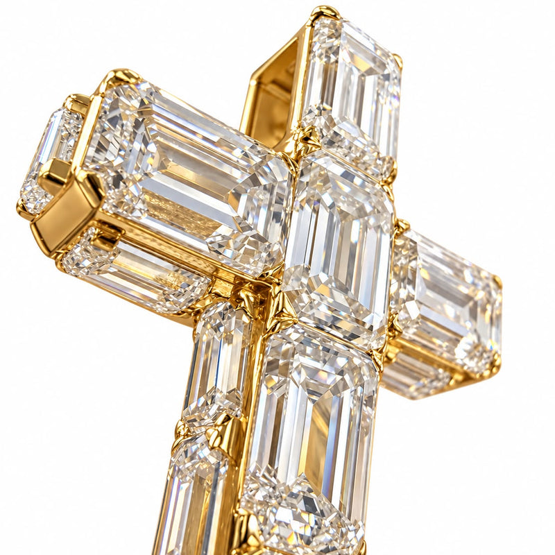 14K Gold Emerald Cut Lab Diamond Cross Pendant 71921 - TRAX5