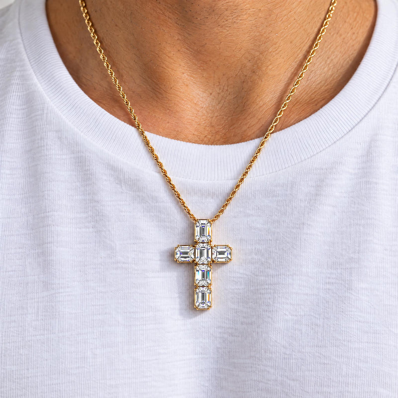 14K Gold Emerald Cut Lab Diamond Cross Pendant 71921 - TRAX9