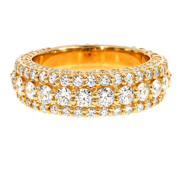 14K yellow gold eternity ring with three rows of round brilliant diamonds.
