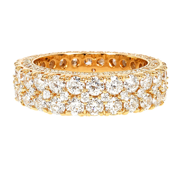 14K yellow gold eternity ring with three rows of round-cut diamonds.
