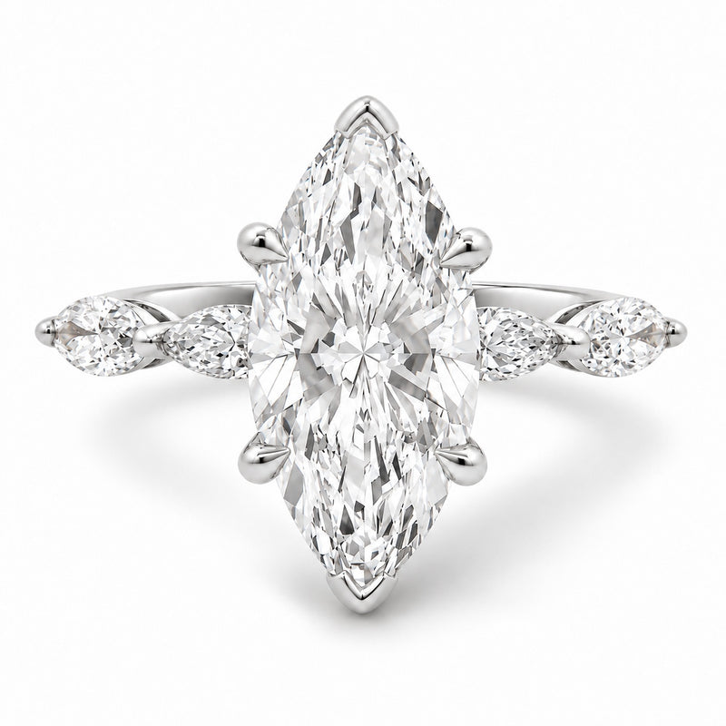 14K white gold marquise diamond engagement ring featuring a 2.50 carat marquise-cut lab grown center diamond, four marquise side stones, and distinctive tab and claw prongs