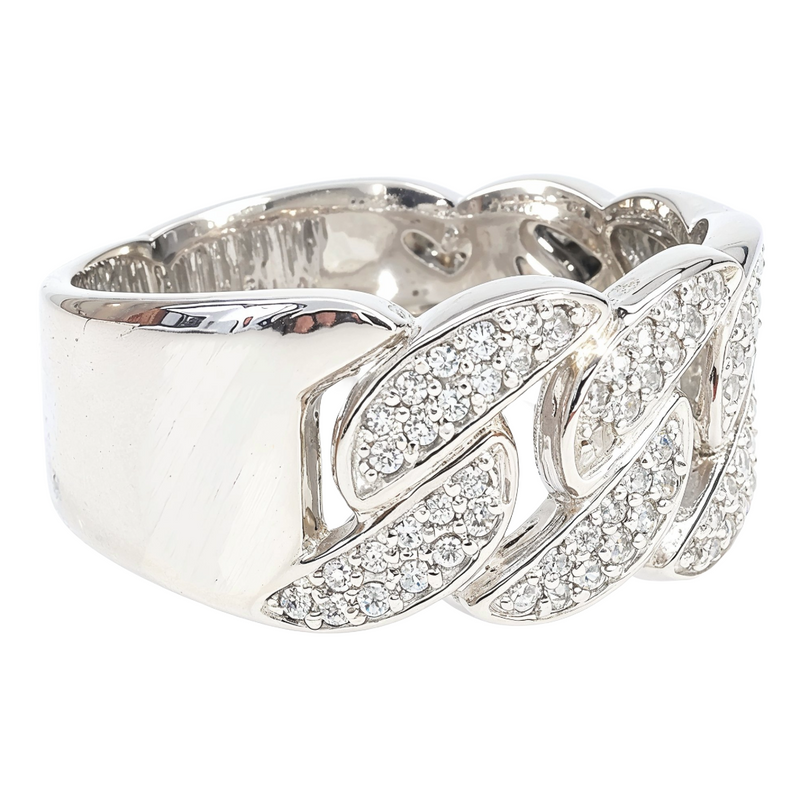 14K white gold Miami Cuban link ring with diamond accents on a polished wide band