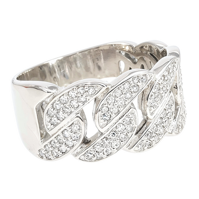 14K white gold Miami Cuban link ring with diamond accents on a polished wide band.