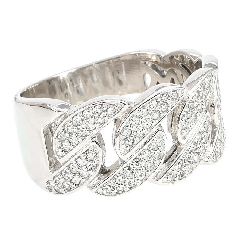 14k gold Miami Cuban link diamond ring — interlocking chain-link band with diamond accents, front view