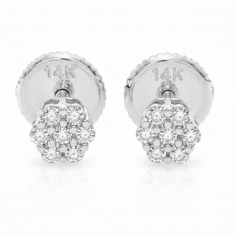 14K Gold Mini Diamond Flower Stud Earrings 65956