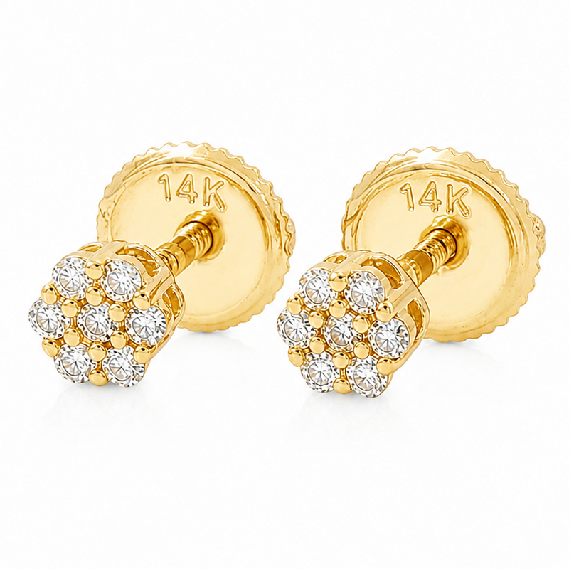 14K Gold Mini Diamond Flower Stud Earrings 65956
