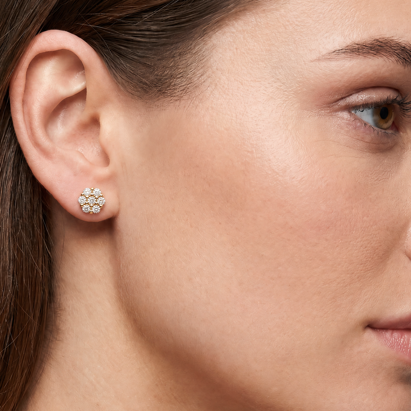 14K Gold Mini Diamond Flower Stud Earrings 65956