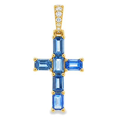 14K Gold Ocean Blue Emerald Cut Sapphire Cross Pendant