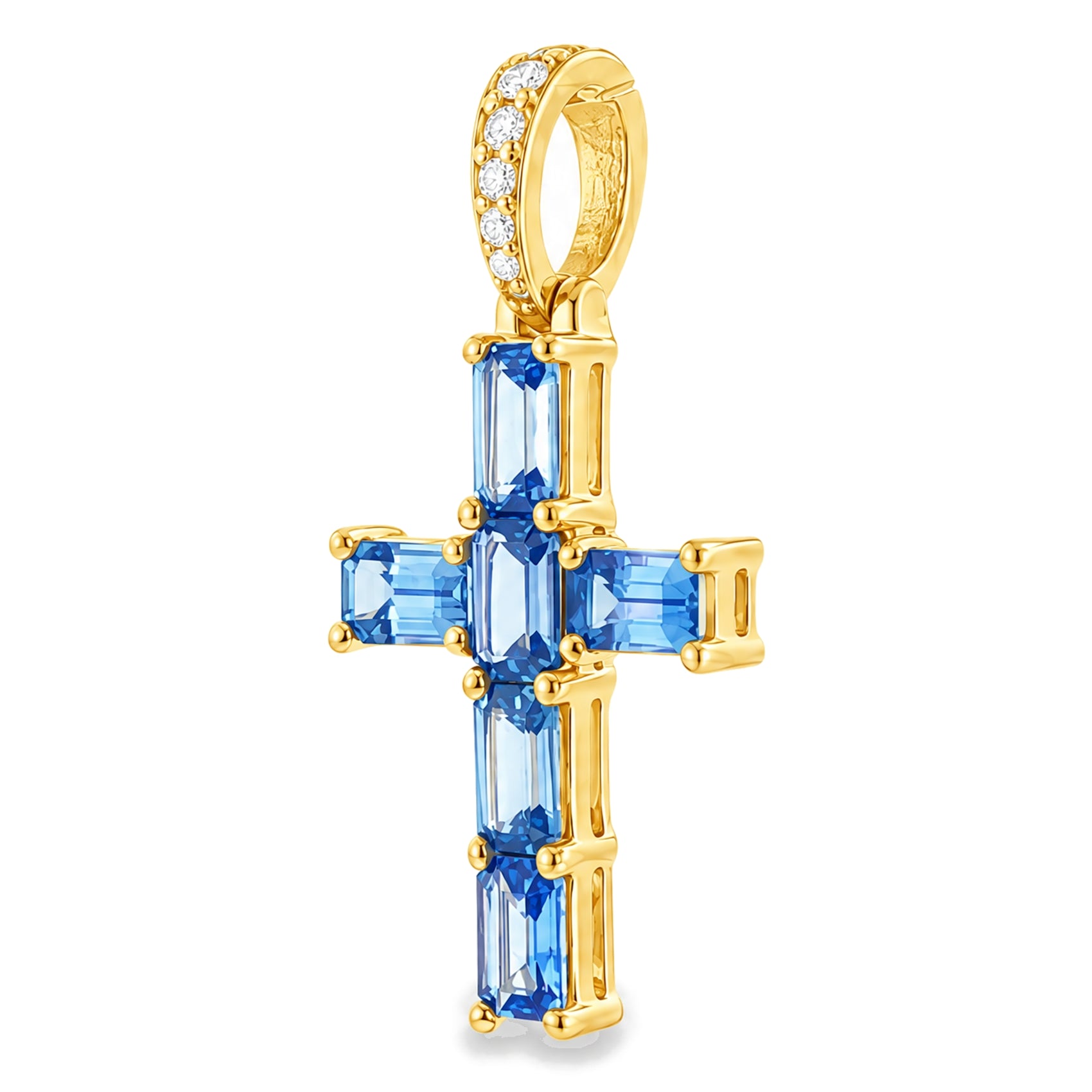 Ocean Blue Emerald Cut Sapphire Cross Pendant | TraxNYC