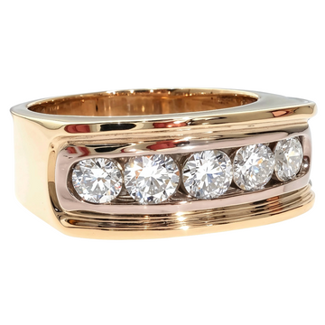 Men's 14K two-tone gold channel set five stone diamond ring — top-down view showing alternating white and yellow gold