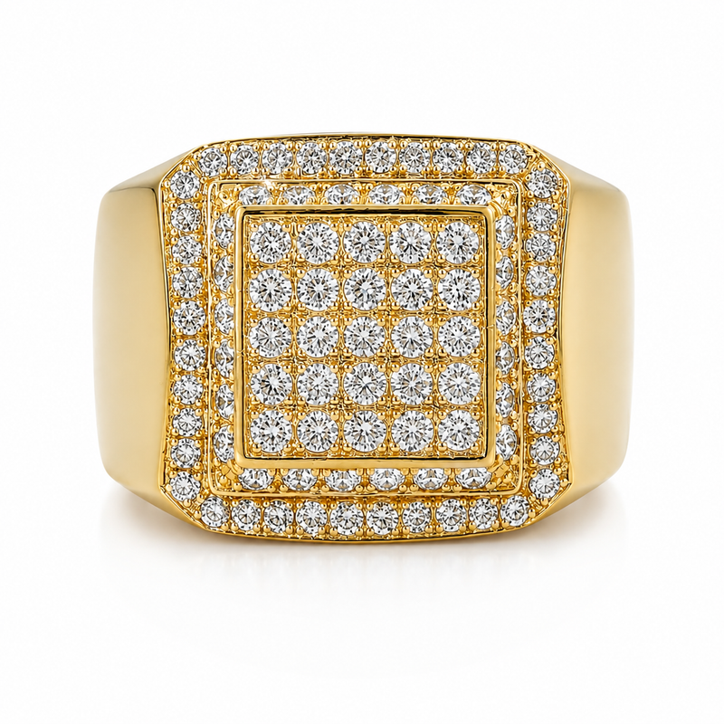 14K yellow gold men's ring with layered tiers of round-set diamonds