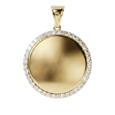 Gold pendant with a circular design and clear stones on a white background