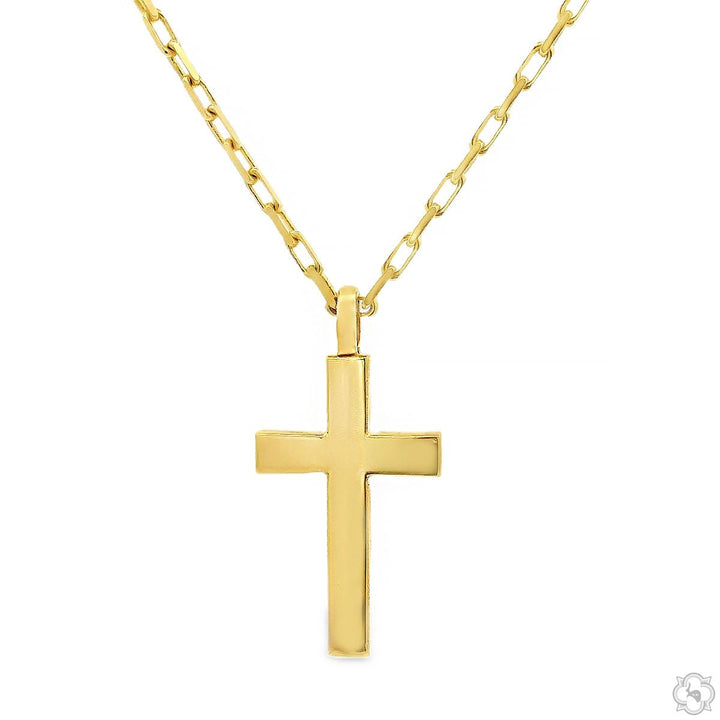 14k gold cross pendant set — smooth polished yellow gold cross, front-facing view