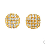 Yellow gold cluster earrings with multiple round diamonds in a cushion shape.